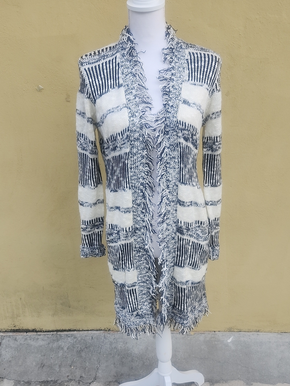 Cozy Striped Fringe Open-Front Cardigan Sweater - White & Navy